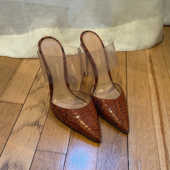 Gianvito Rossi Shoes - Gianvito Rossi Brown Snake Print Heels with Clear Strap